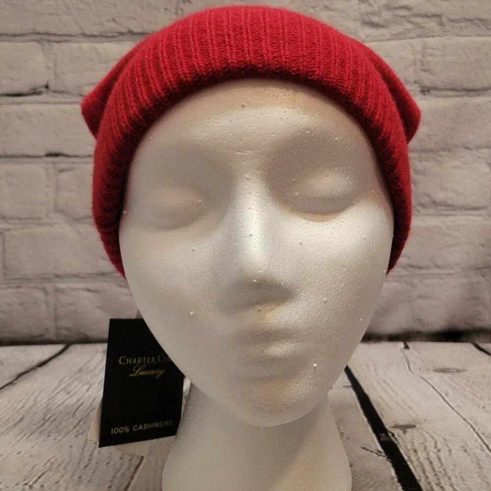 Charter Club 100% Cashmere Cuffed Beanie- Red